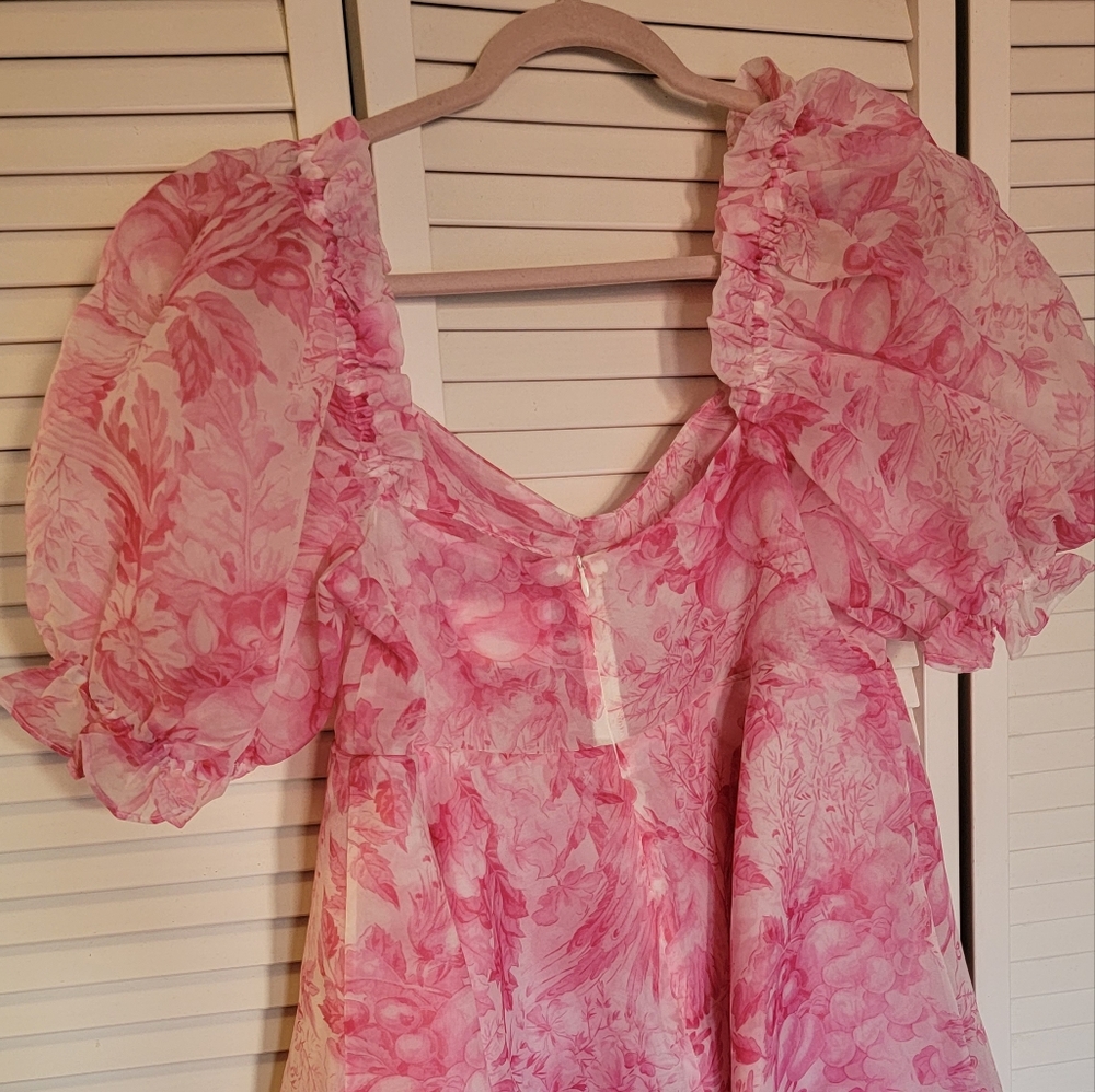 Selkie Pink Floral Puff-Sleeve Sweetheart Mini Dress - Picture 3 of 4